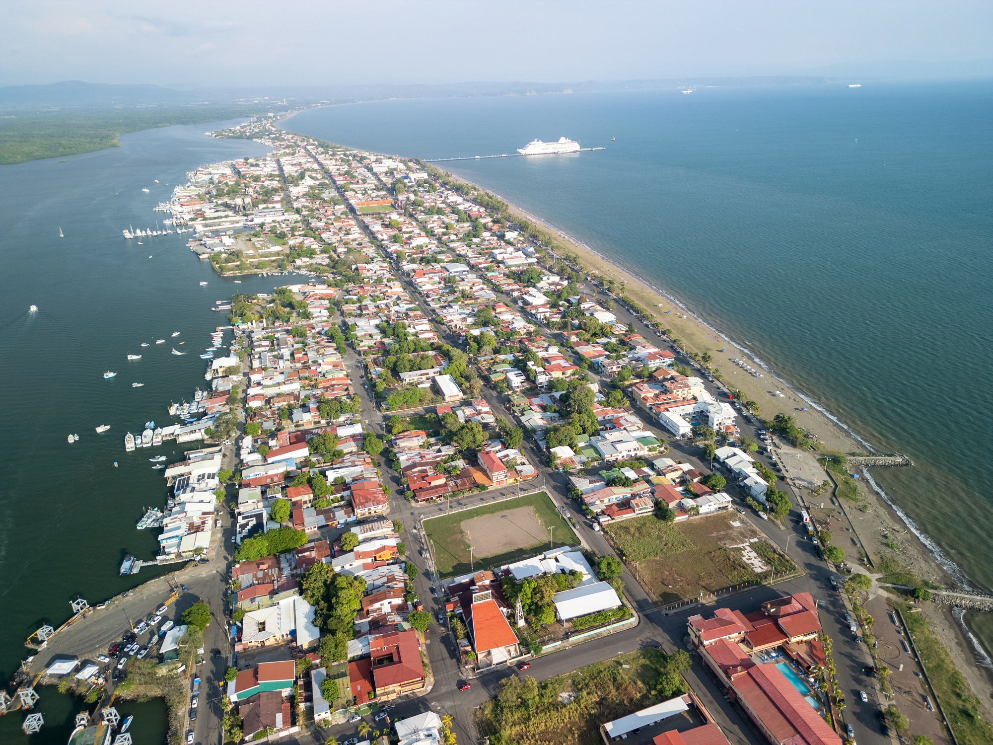 Aerial view of Puntarenas city, Costa Rica, with cruise ships docked at the port